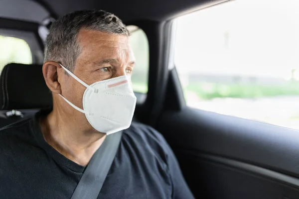 Senior His 70S Sitting Back Car Wearing Face Mask Protection — Fotografia de Stock