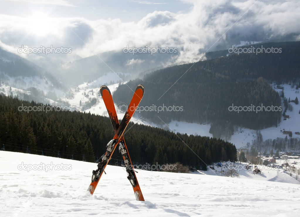 Pair of cross skis in snow, High Mountains