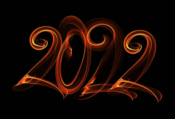Šťastný nový rok 2022 izolovaných čísel písmo psané ohněm plamen nebo kouř na černém pozadí — Stock fotografie