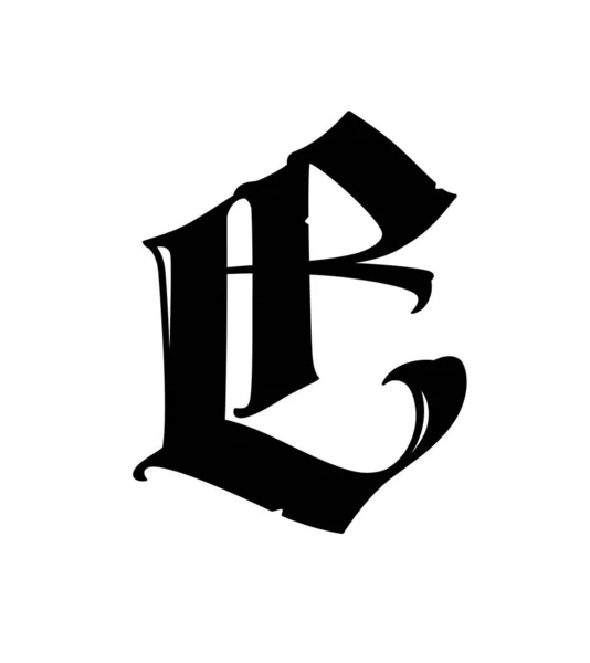 字母E为哥特式 这个符号在白色的背景上是孤立的 书法和字母书写 中世纪拉丁字母 公司的标志 字母表纹身用的精致字体 — 图库矢量图片