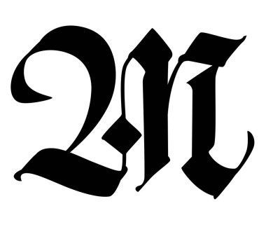 Gotik tarzda M harfi. Vektör. Alfabe. Sembol beyaz bir arkaplanda izole edilmiştir. Eski Rus el yazısı. Ortaçağ Rus mektubu. Şirketin logosu. Monogram. Dövme için zarif yazı tipi.