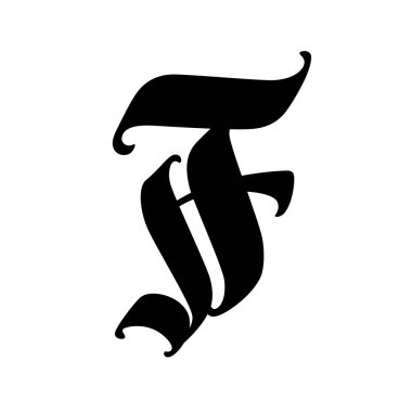 Gotik tarzda f harfi. Vektör. Alfabe. Sembol beyaz bir arkaplanda izole edilmiştir. Kaligrafi ve harfler. Ortaçağ Latince mektubu. Şirketin logosu. Monogram. Dövme için zarif yazı tipi.