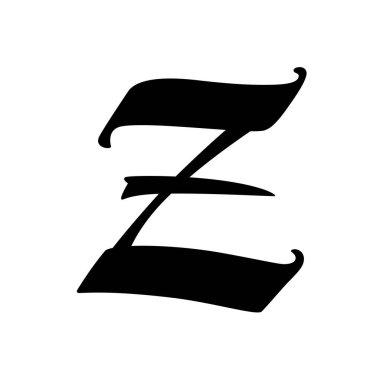 Gotik tarzda z harfi. Vektör. Alfabe. Sembol beyaz bir arkaplanda izole edilmiştir. Kaligrafi ve harfler. Ortaçağ Latince mektubu. Şirketin logosu. Monogram. Dövme için zarif yazı tipi.