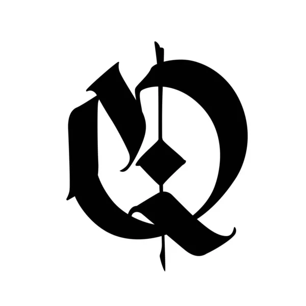 ゴシック様式の文字Q ベクトル アルファベットだ シンボルは白い背景に隔離されています 書道とレタリング 中世ラテン文字 会社のロゴ モノグラム 入れ墨のためのエレガントなフォント — ストックベクタ