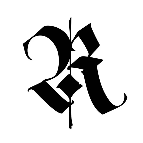 字母R为哥特式风格 这个符号在白色的背景上是孤立的 书法和字母书写 中世纪拉丁字母 公司的标志 字母表纹身用的精致字体 — 图库矢量图片