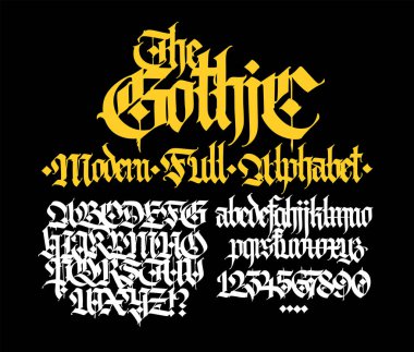 Gotik, İngiliz alfabesi. Vektör. Ortaçağ Latince harfleri ve numaraları. Dövmeler için işaretler ve semboller. Antik Avrupa tarzı. Kaligrafi ve harfler. Büyük ve küçük harfleri ayır.