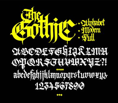 Modern Gotik, tam İngiliz alfabesi. Vektör. Ortaçağ büyük ve küçük Latin harfleri. Tasarım işaretleri ve sembolleri. Antik Avrupa tarzı. Kaligrafi ve harfler. Sayılar.