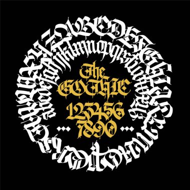 Şablon, Gotik tarzdaki süs. Vektör. Gotik Eski Alman yazı tipi. Sayılı alfabe. Daire şeklinde ortaçağ Latince harfleri. Kaligrafi ve harfler. Kumaş ve ambalaj için tasarım.