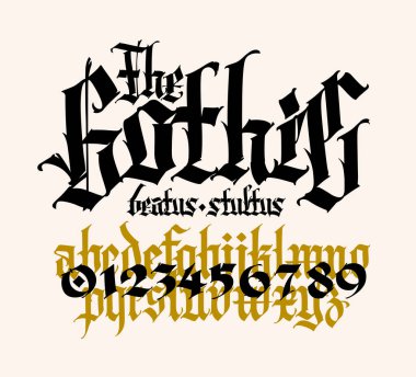 Gotik, İngiliz alfabesi. Vektör. Ortaçağ Latince harfleri ve numaraları. Dövmeler için işaretler ve semboller. Antik Avrupa tarzı. Kaligrafi ve harfler. Küçük harfleri ayır.