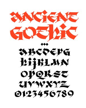 Gotik. Vektör. Sayılar. Beyaz arka planda orta çağ Latince siyah harfleri. Kaligrafi ve harfler. Şirket kimliği için grafiksel öğeler. Eski tarzdaki antik yazıtlar.