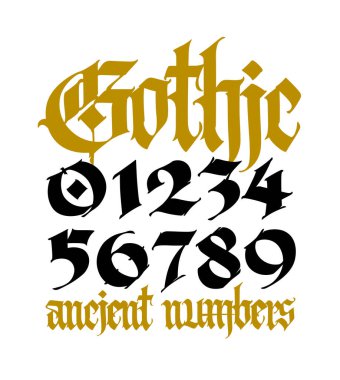 Eski gotik figürler. Vektör. Güzel ve şık el yazısı. Moda ortaçağ yazı tipi, dövme işaretleri. Antik Avrupa tarzı. Kumaş ve ambalaj için tasarım. Tüm işaretler ayrı tutulur..