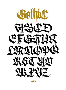Gotik. Vektör. Beyaz arka planda büyük harfler var. Şık bir el yazısı. Tasarım için zarif Avrupa yazı tipi. Ortaçağ modern tarzı. Kumaş, ambalaj ve sokak kıyafetleri yazı tipi.