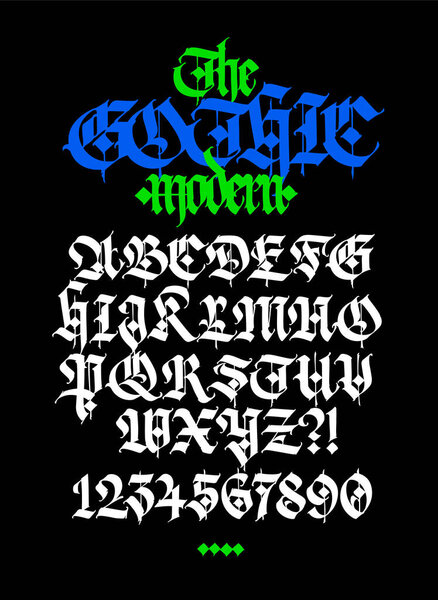 Modern Gothic, full English alphabet. Vector. Medieval latin capital letters. Signs and symbols for design. Ancient European style. Calligraphy and lettering. Gothic figures.
