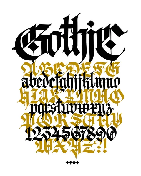 Gotik, İngiliz alfabesi. Vektör. Ortaçağ Latince harfleri ve numaraları. Dövmeler için işaretler ve semboller. Antik Avrupa tarzı. Kaligrafi ve harfler. Büyük ve küçük harfleri ayır.