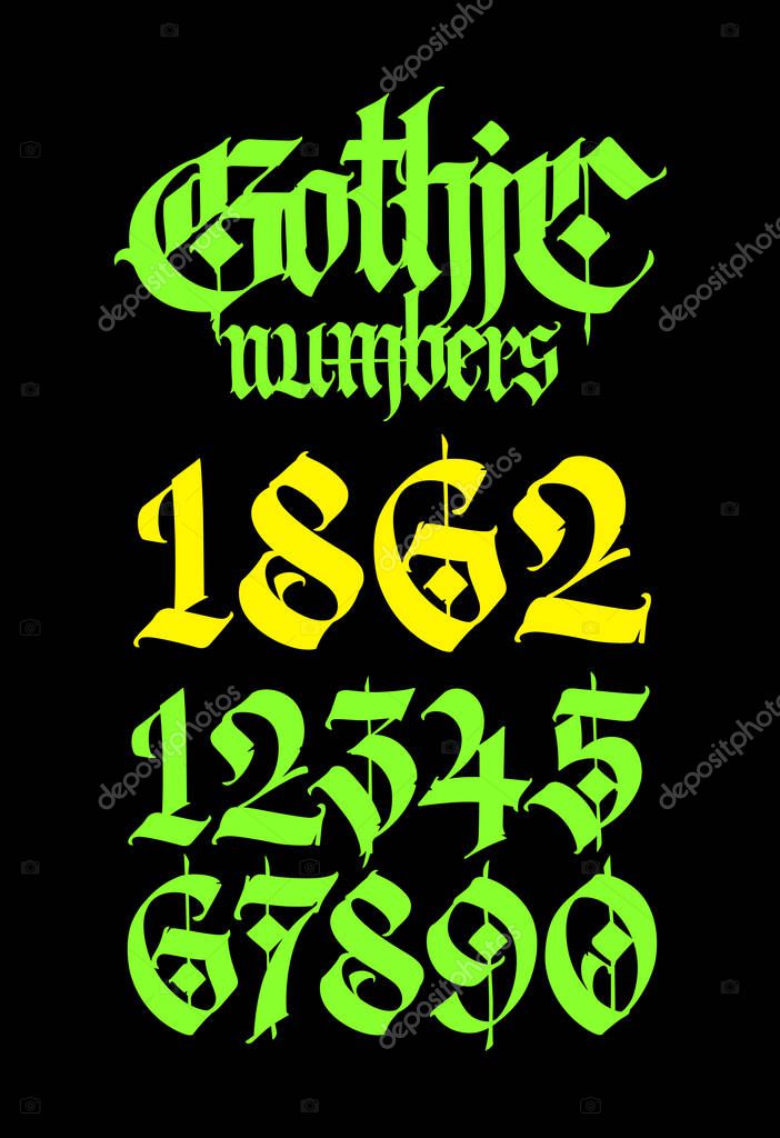 Gothic figures. Vector. Beautiful and stylish calligraphy. Elegant European typeface for tattoo. Medieval modern style. White characters and numbers are saved separately on a black background.
