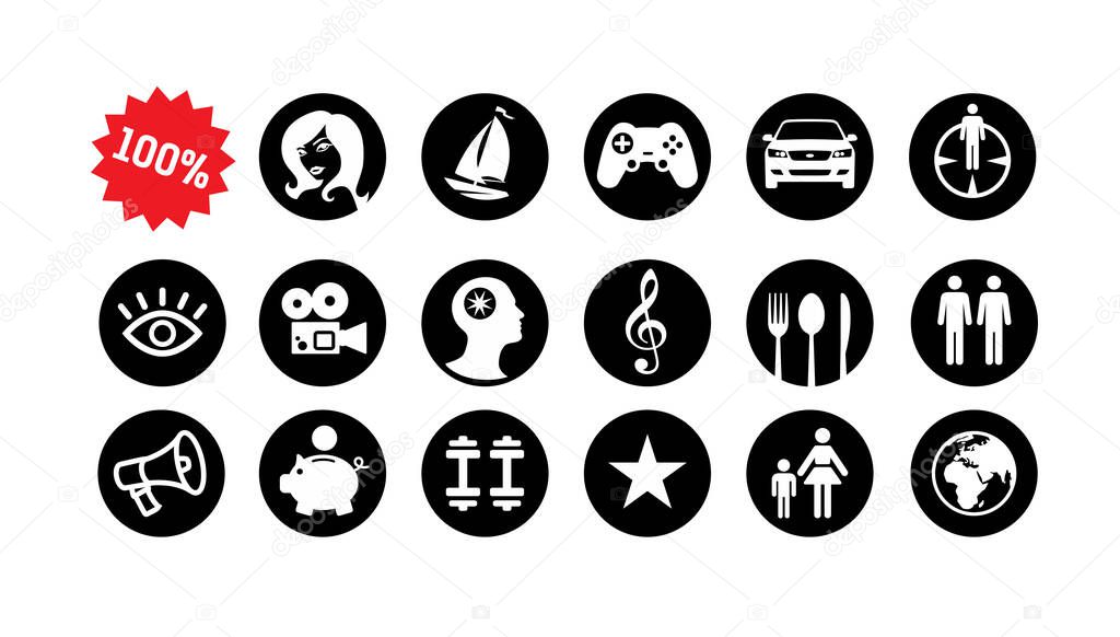 Set of icons, material values and consumer goods. Vector. Dreams, lifestyles and hobbies. The card of the desires of a man. Silhouette flat style. Signs and symbols for design.