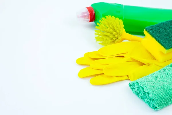 Colorful Cleaning Set Different Surfaces Kitchen Bathroom Other Rooms Empty — Stock Photo, Image