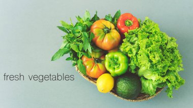 Delivery healthy food background. Healthy vegan vegetarian food in vegetables and fruits on white, copy space, banner. Shopping food supermarket and clean vegan eating concept.