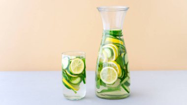 Dilimlenmiş limon, salatalık ve dal nane ile infüzyon su detoks. Kopya alanı sağdaki.