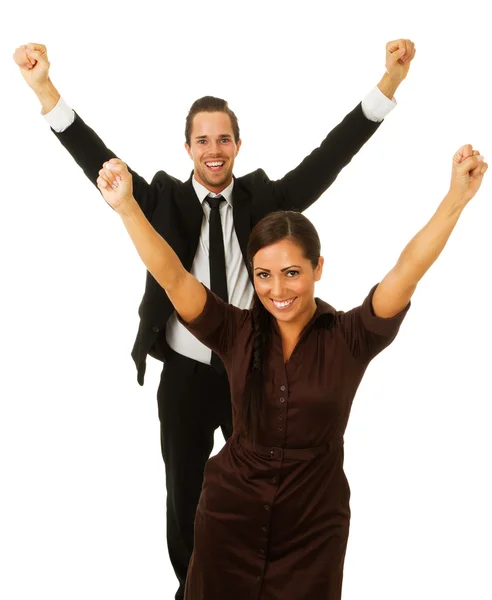 Business man and woman with arms in air — Stock Photo, Image