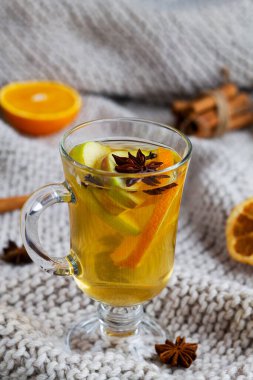 Ekose örgü üzerinde bir bardak sıcak içecek ve fotokopi alanı. Noel sıcak beyaz şarabı ballı bardakta, tarçınlı çubuklar ve ışık arka planında yıldız anason. Baharatlı sıcak içecek..