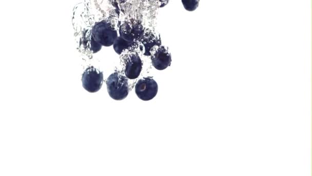 蓝莓的超级慢动作带着气泡掉进了水里。用1000 fps的高速相机拍摄. — 图库视频影像