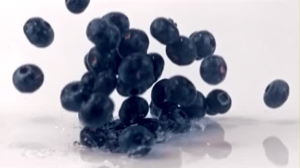 The super slow motion of the blueberries falls on the table with splashes of water. — Stock Video