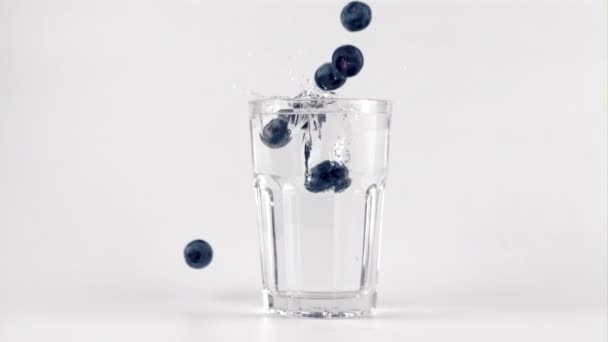Gerak super lambat dari blueberry jatuh ke dalam segelas air dengan percikan. Difilmkan pada kamera berkecepatan tinggi di 1000 fps. — Stok Video