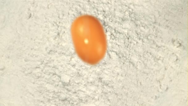 Супер медленное движение свежее яйцо падает в муку. Снято на высокоскоростную камеру со скоростью 1000 кадров в секунду. — стоковое видео