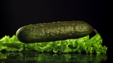 Taze bir salatalık masaya su damlatarak düşer. Film yavaş çekimde 1000 fp..