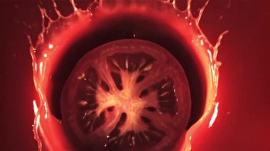 Su damlatan bir domates parçası domates suyuna düşer. 1000 fps hızla yüksek hızlı bir kamerayla çekildi..