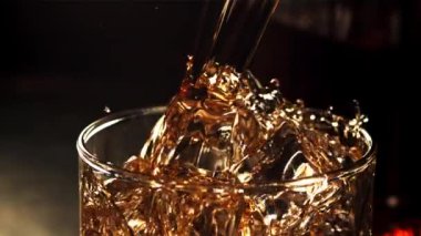 Bir bardak buzun içine su sıçratan bir viski jeti. Film yavaş çekimde çekilmiştir. 1000 fp..