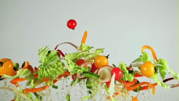 Teile Des Gehackten Gemüses Fliegen Auf Und Auf Weißem Hintergrund — Stockvideo