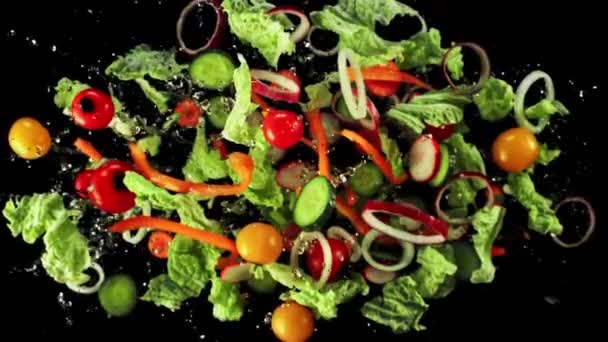 Gurkenstücke Tomaten Salat Und Zwiebeln Fliegen Auf Und Drehen Sich — Stockvideo
