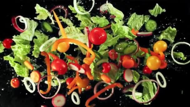 Gehacktes Gemüse Mit Wassertropfen Fliegt Auf Und Ansicht Von Oben — Stockvideo