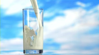 Süt bir girdapta bardağa dökülür. Mavi bir arkaplanda. Ağır çekim 1000 fp..