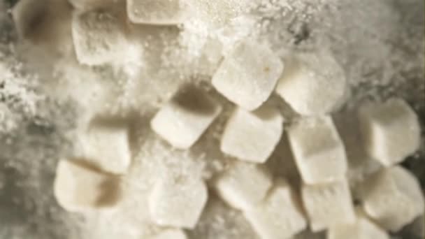 Azúcar Rotar Vuelo Fondo Macro Textura Del Azúcar Filmado Cámara — Vídeo de stock