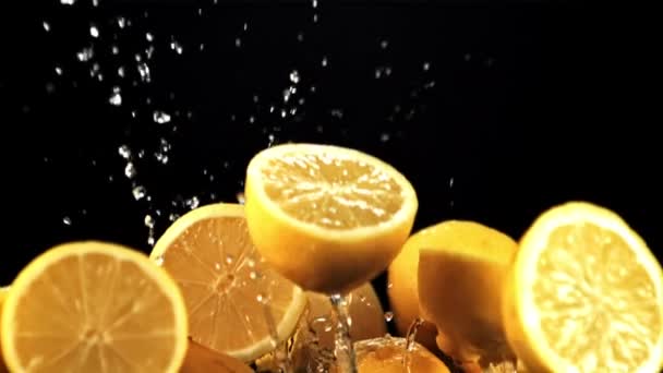 Половина Лимонов Взлетает Падает Брызгами Воды Черном Фоне Снято Высокоскоростную — стоковое видео