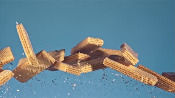 Wafels Gaan Neer Een Blauwe Achtergrond Gefilmd Slow Motion 1000 — Stockvideo