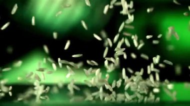 Pişmemiş pirinçler masaya düşer. Yeşillik bir zemine karşı. Film yavaş çekimde 1000 fp..