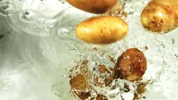 Πατάτες Πέφτουν Κάτω Από Νερό Πιτσιλιές Και Φυσαλίδες Αέρα Μακρό — Αρχείο Βίντεο