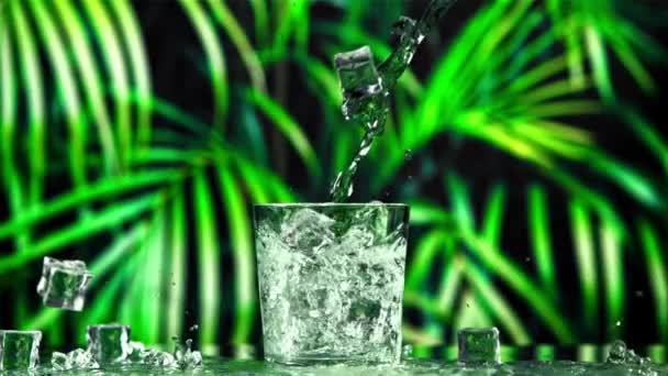 Склянку Наливають Воду Кубиками Льоду Тлі Листя Знято Високошвидкісній Камері — стокове відео
