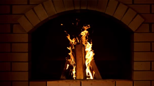 Bright Flame Fire Burns Furnace Dark Background Filmed Slow Motion — Stock Video
