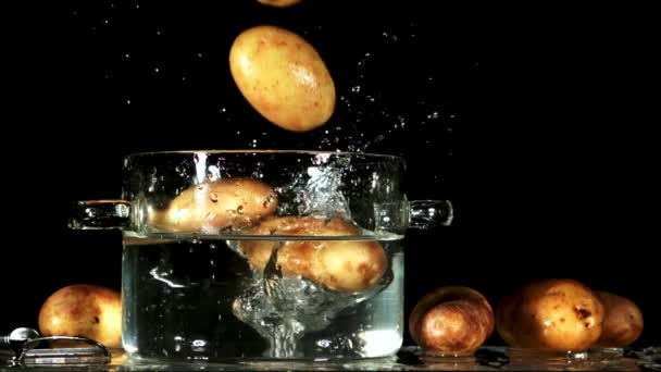 Aardappelen Vallen Een Pot Water Met Spatten Een Zwarte Achtergrond — Stockvideo