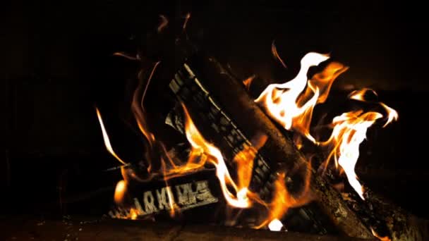 炉の木では明るい炎で燃えます 黒を背景に 撮影はスローモーション1000 Fps — ストック動画