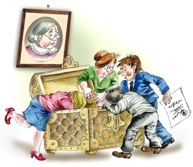 Greedy heirs fighting over grandmother`s inheritance clipart