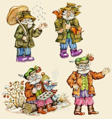 Little funny forest old man characters autumn collection.