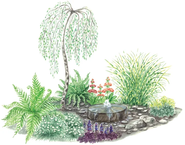 Trädgård design med liten fontän och gråtande Björk — Stockfoto