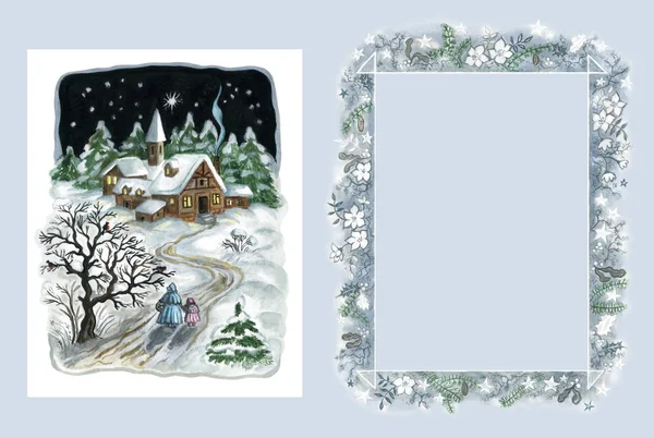 Christmas landscape and ornamental frame — Stock Photo, Image