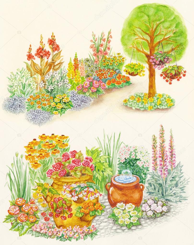 Watercolors hand painted pictures of garden design